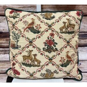 Vintage Tapestry Colonial Christmas Holiday Pillow Accent Deer Quail